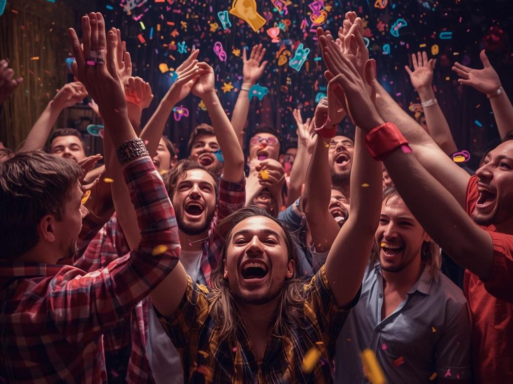 Gruppe jubelnder Menschen feiert mit Konfetti und guter Stimmung. Gesellschaftsspiele