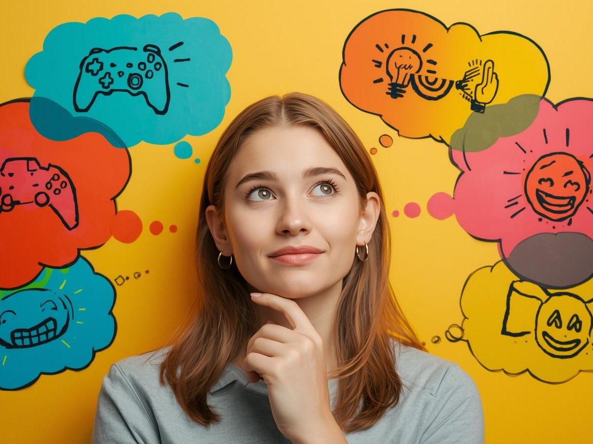 Junge Frau denkt nach, umgeben von bunten Gedankenblasen mit Symbolen für Spiele und Ideen. Mindset Games